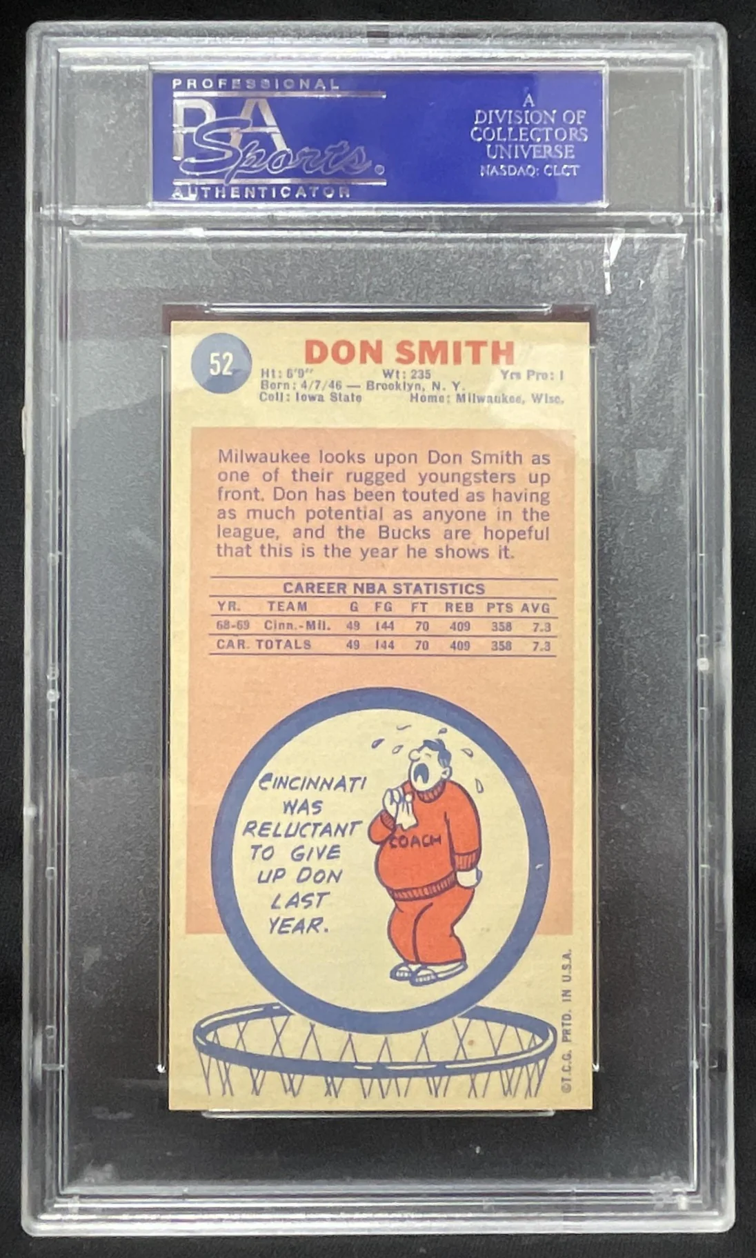 1969-70 Topps #52 Don Smith RC PSA 7 - Image 2