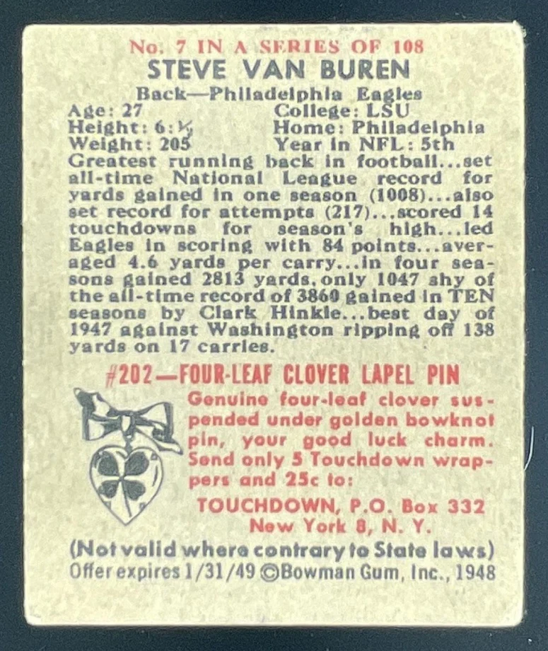 1948 Bowman #7 Steve Van Buren RC - Image 2