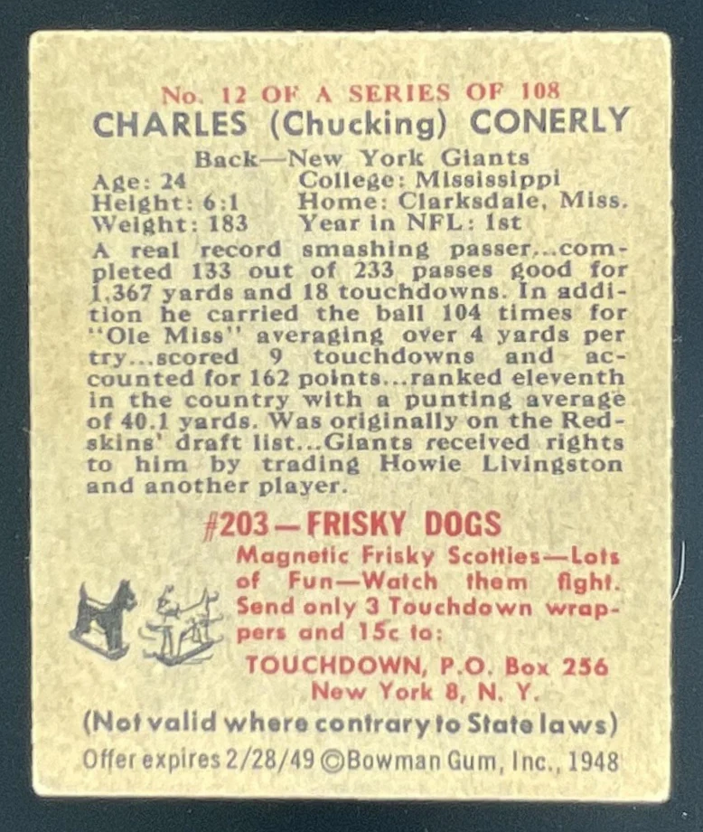 1948 Bowman #12 Charles "Chucking" Conerly SP RC - Image 2