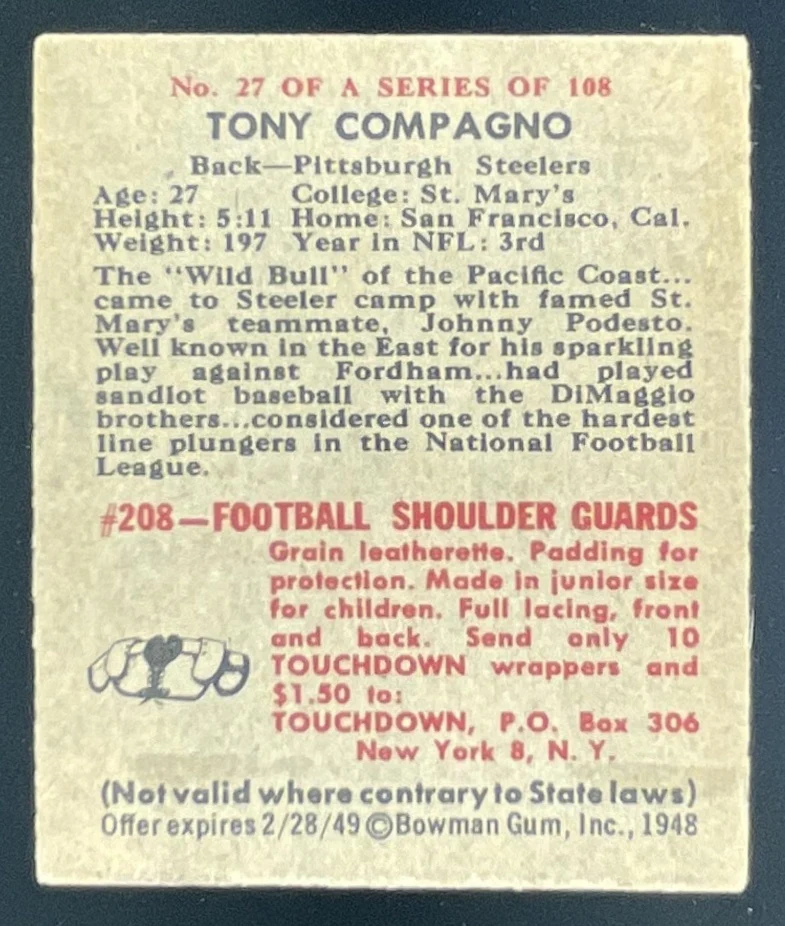 1948 Bowman #27 Tony Compagno SP RC - Image 2
