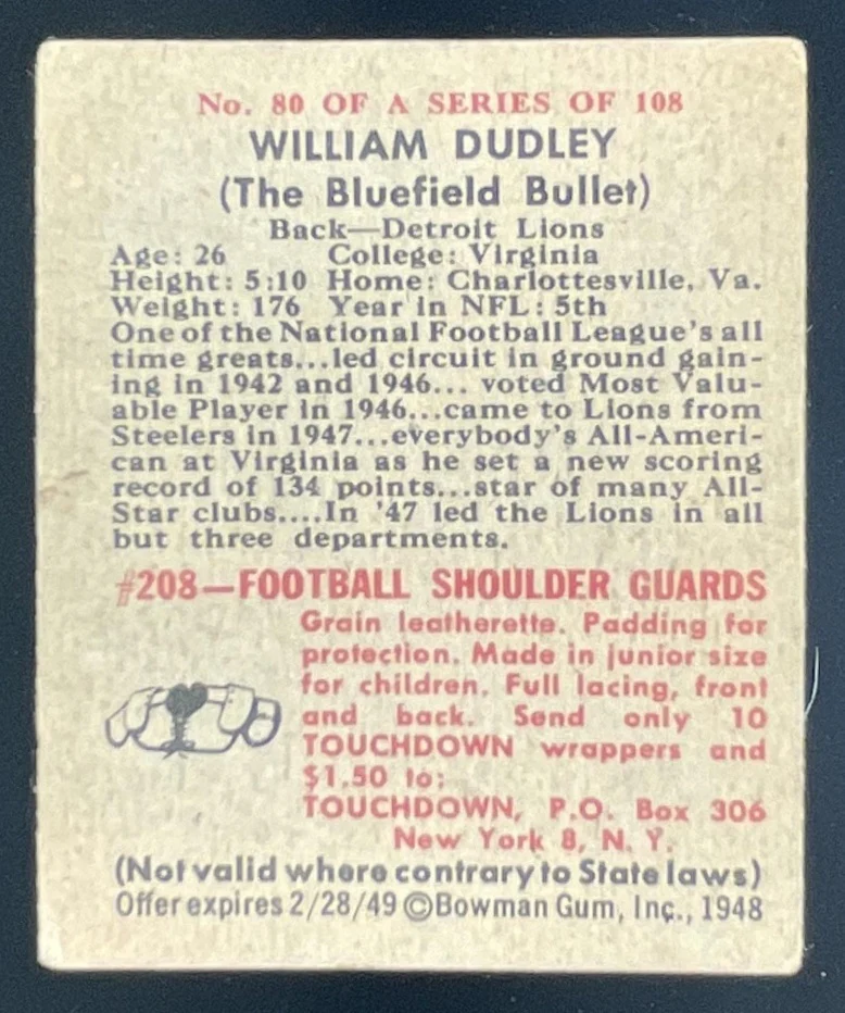 1948 Bowman #80 Bill Dudley RC - Image 2