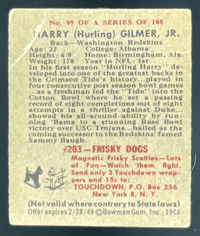 1948 Bowman #99 Harry Gilmer SP RC - Image 2
