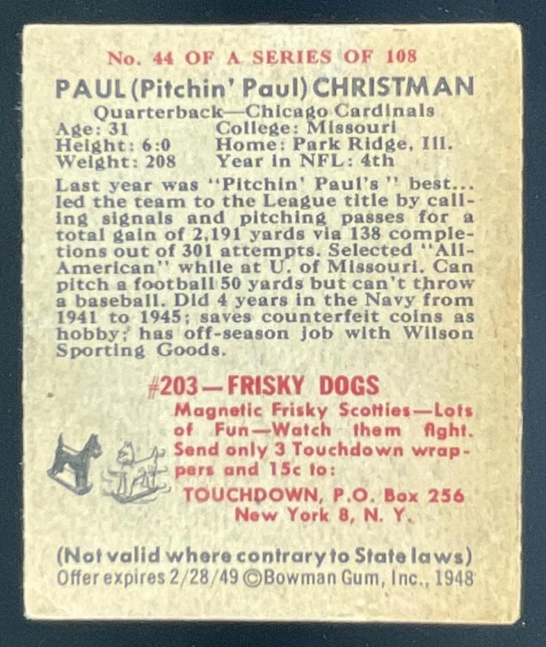 1948 Bowman #44 Paul Christman RC - Image 2