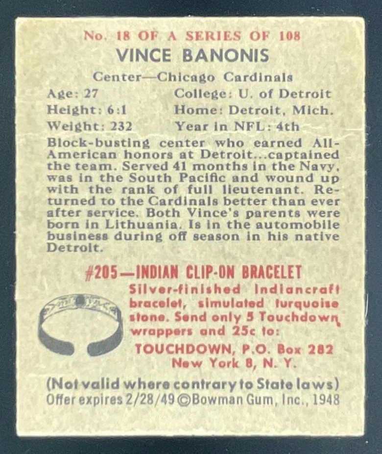 1948 Bowman #18 Vince Banonis SP RC - Image 2
