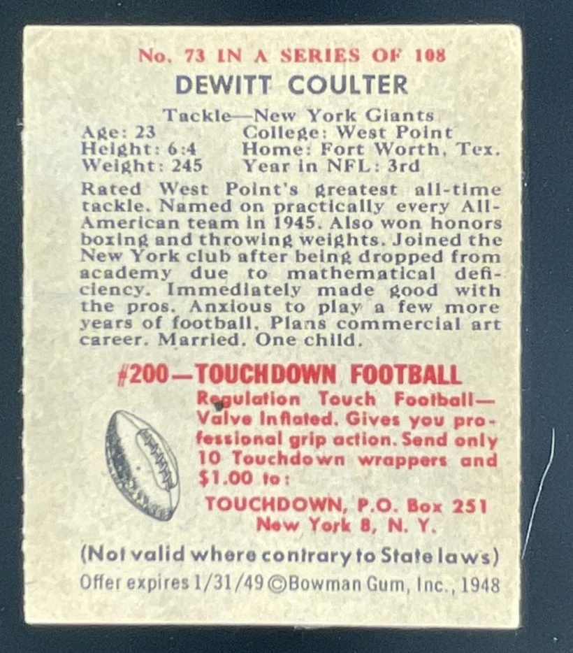 1948 Bowman #73 DeWitt Coulter RC - Image 2