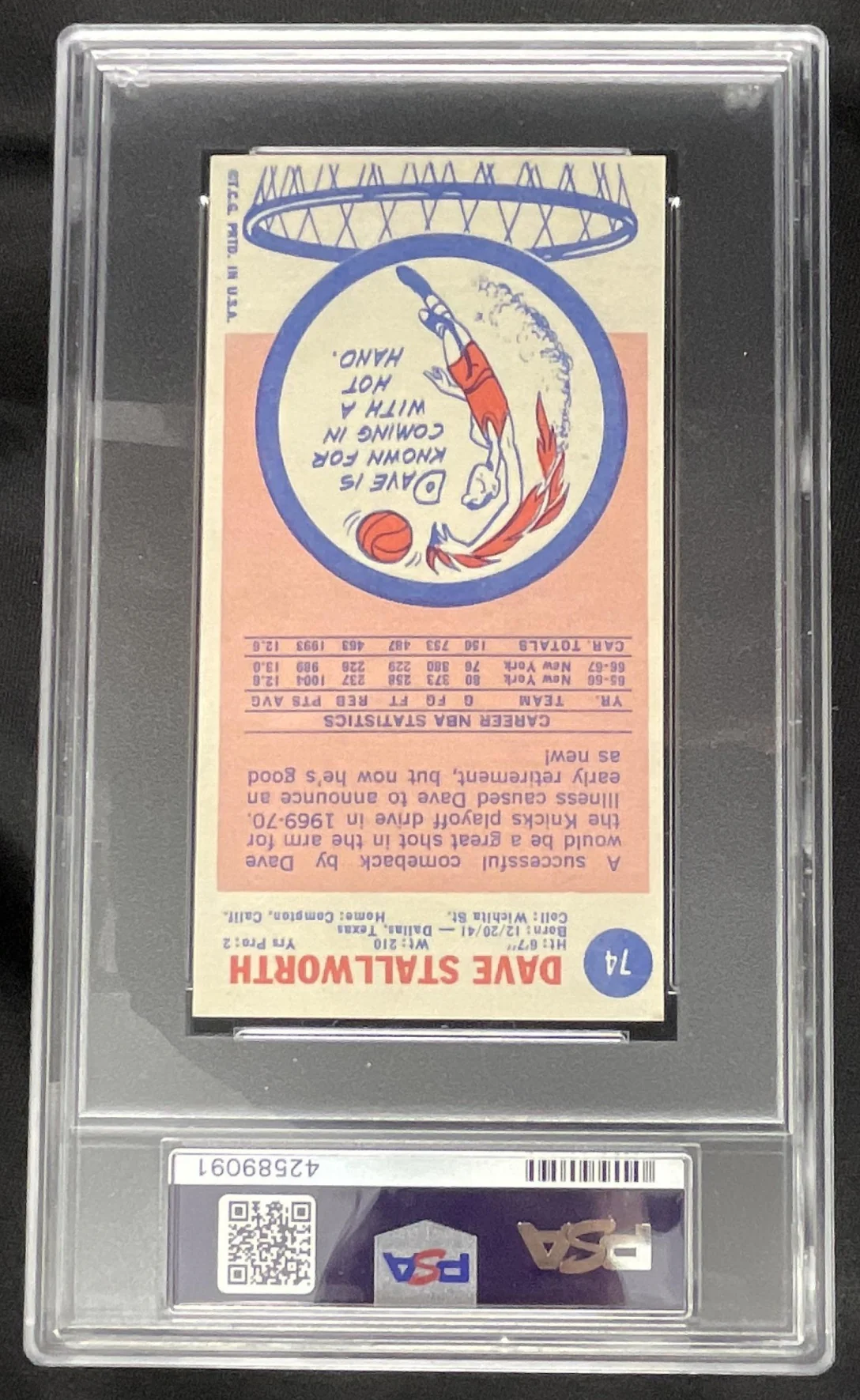 1969-70 Topps #74 Dave Stallworth RC PSA 7 - Image 2