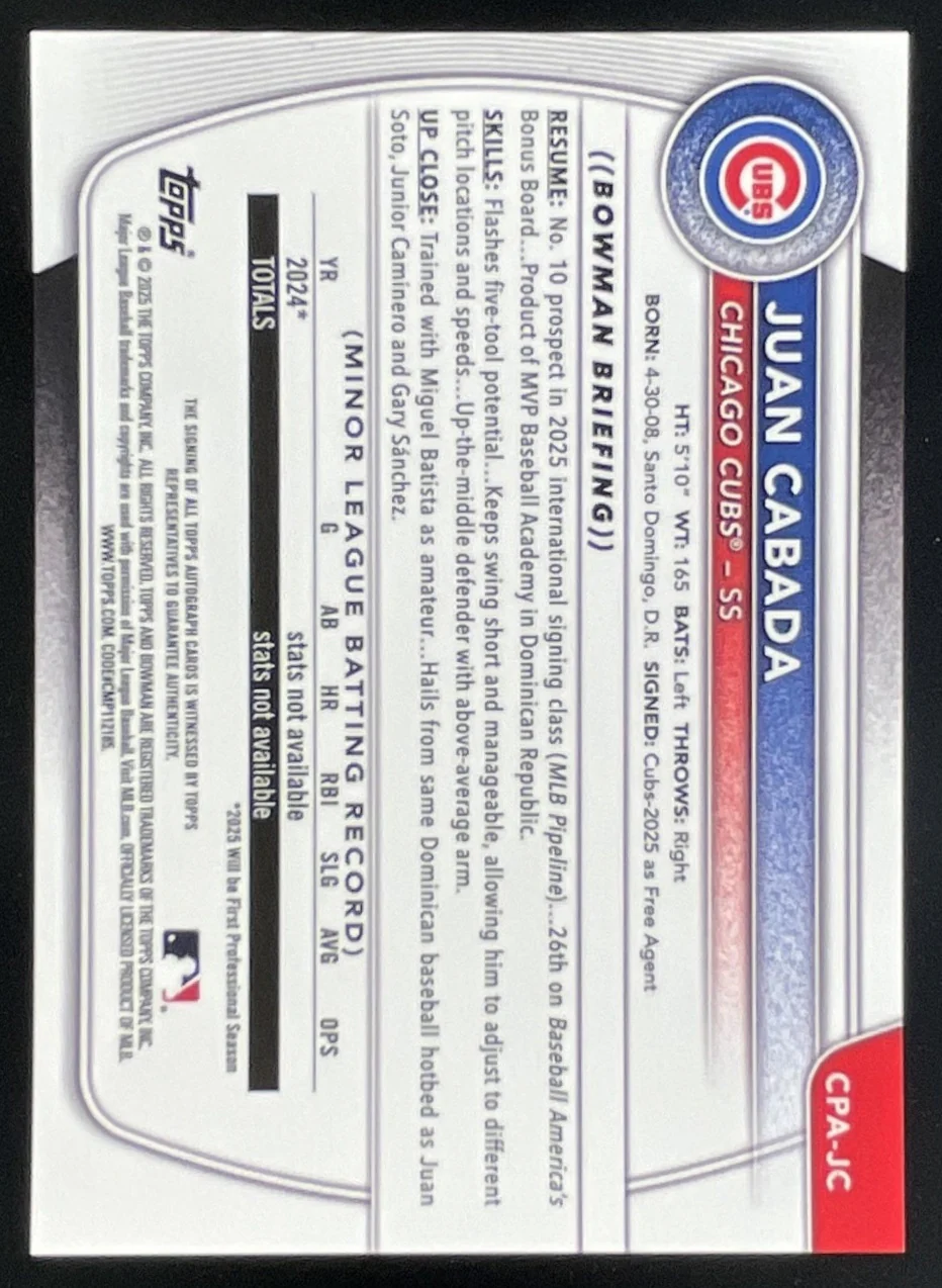 2025 Bowman Chrome Prospect Green #CPA-JC Juan Cabada RC Auto /99 - Image 2