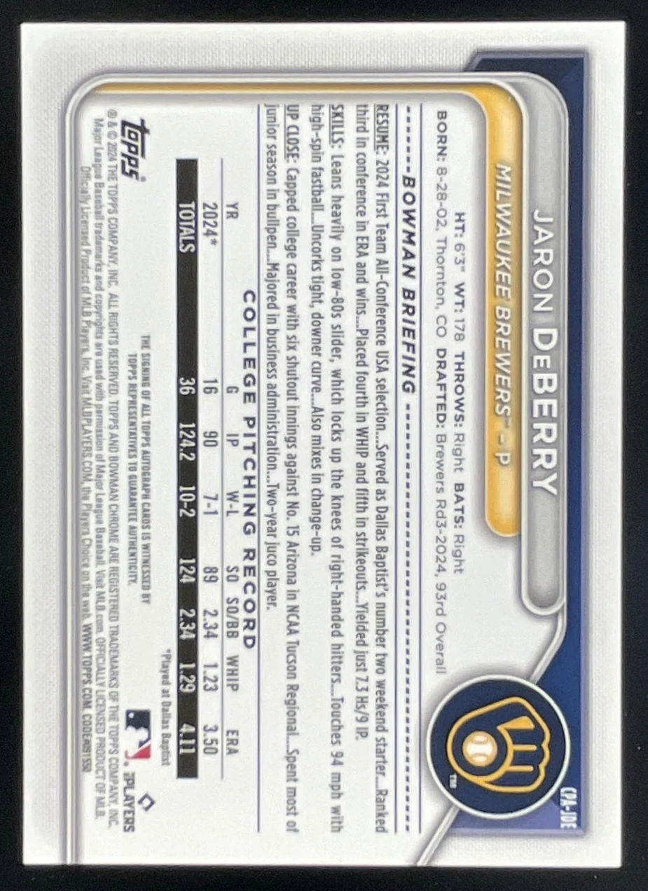 2024 Bowman Draft Chrome Prospect Sparkles #CPA-JDE Jaron DeBerry RC Auto /71 - Image 2