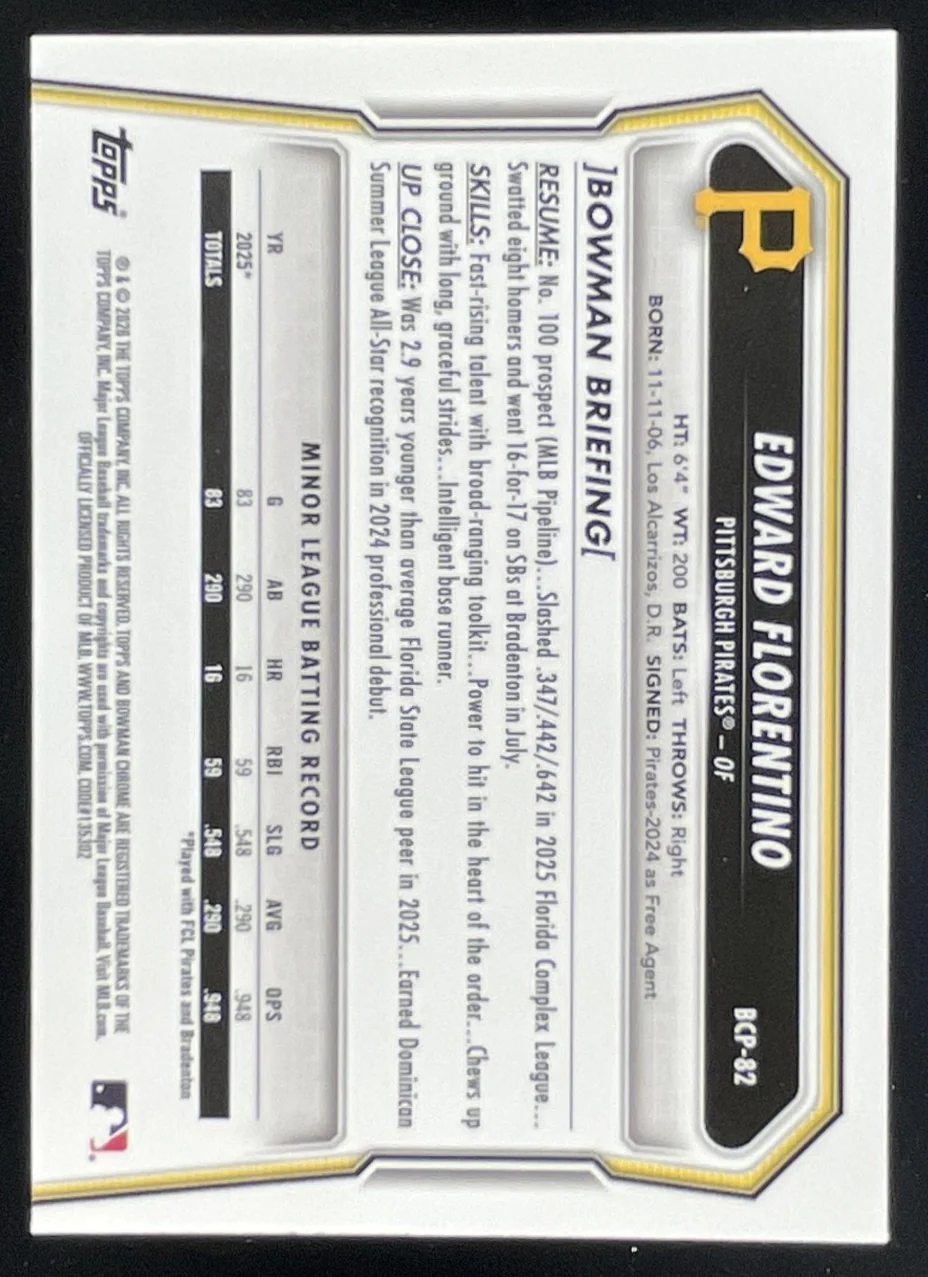 2026 Bowman Chrome Prospects Green Grass #BCP-82 Edward Florentino RC /99 - Image 2