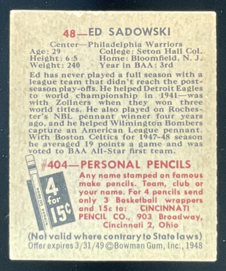 1948 Bowman #48 Ed Sadowski - Image 2