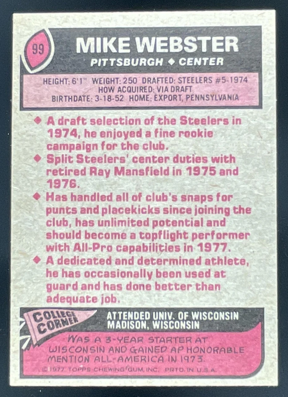 1977 Topps #99 Mike Webster RC - Image 2
