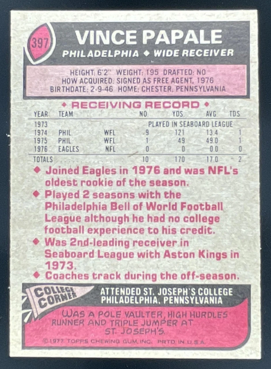 1977 Topps #397 Vince Papale RC - Image 2