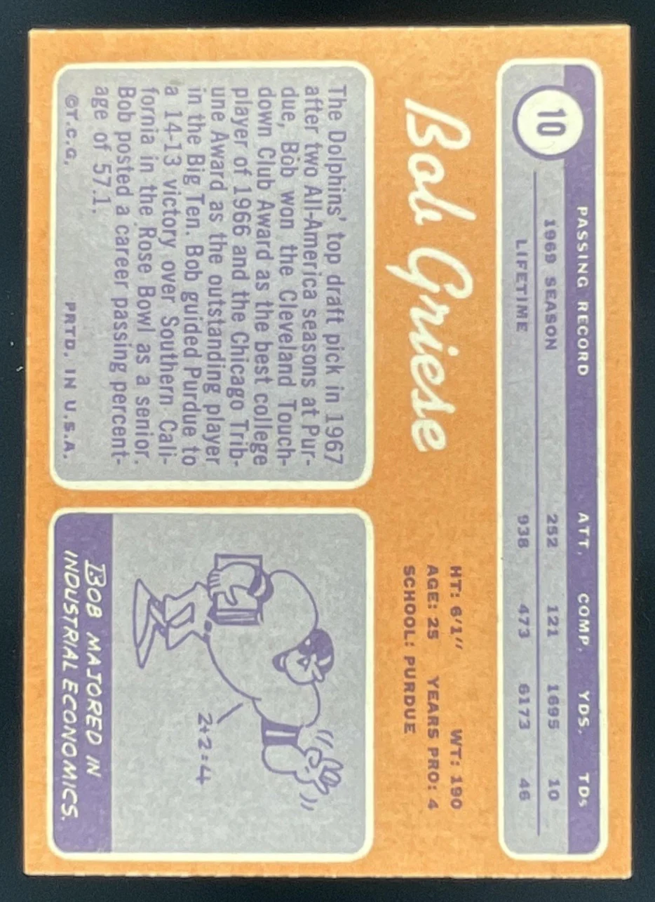 1970 Topps #10 Bob Griese - Image 2