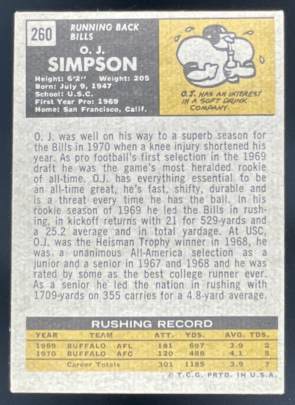 1971 Topps #260 O.J. Simpson - Image 2
