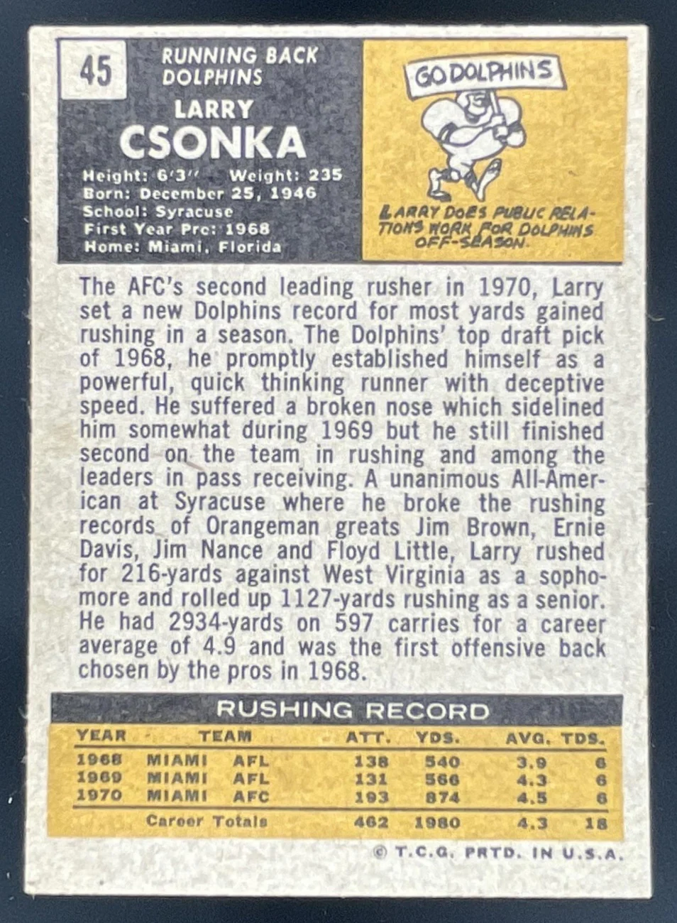 1971 Topps #45 Larry Csonka - Image 2