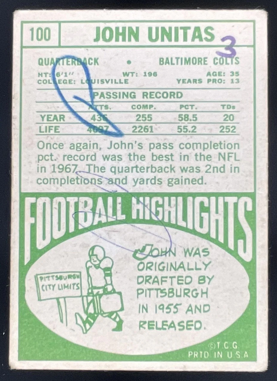 1968 Topps #100 John Unitas - Image 2