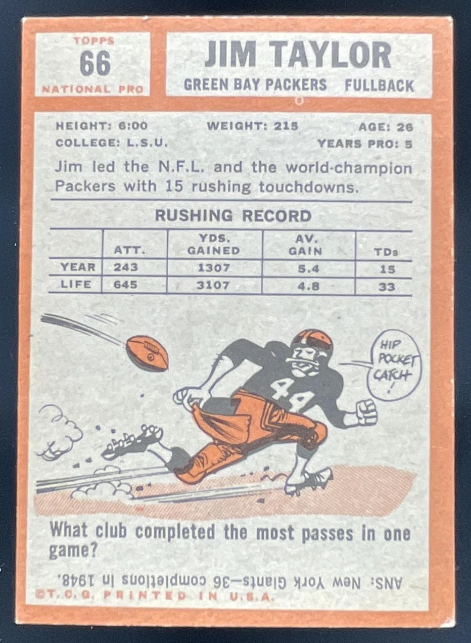 1962 Topps #66 Jim Taylor SP - Image 2