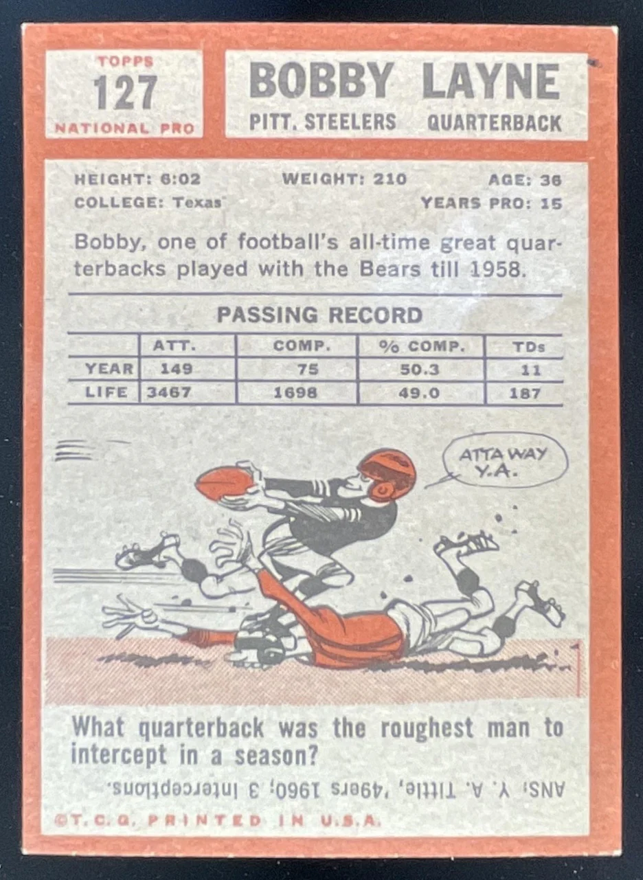 1962 Topps #127 Bobby Layne UER - Image 2