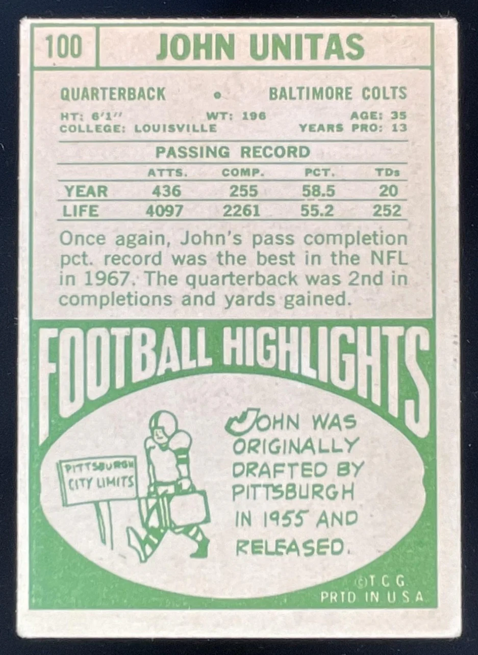 1968 Topps #100 John Unitas - Image 2
