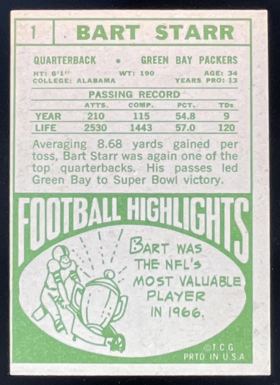 1968 Topps #1 Bart Starr - Image 2