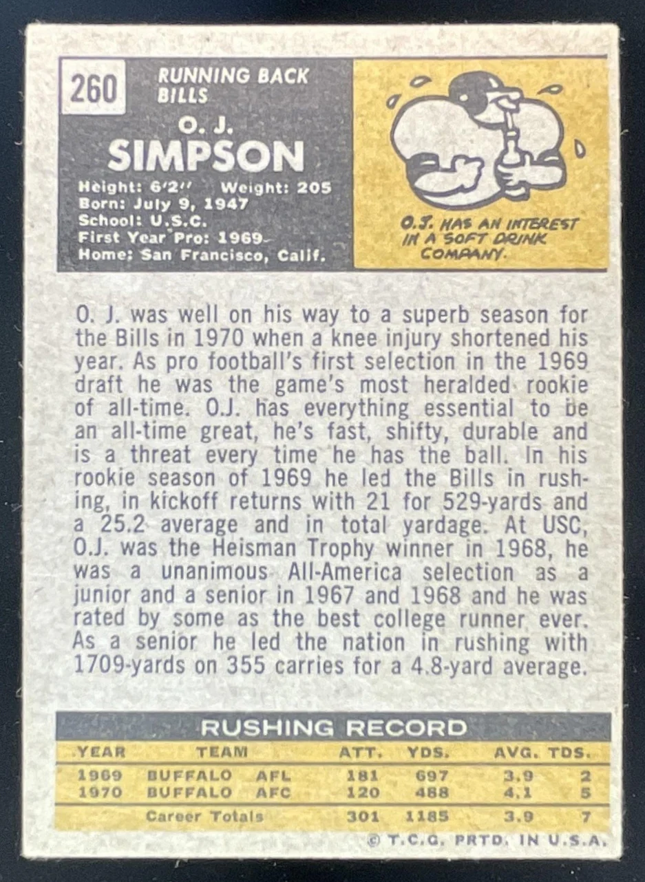 1971 Topps #260 O.J. Simpson - Image 2