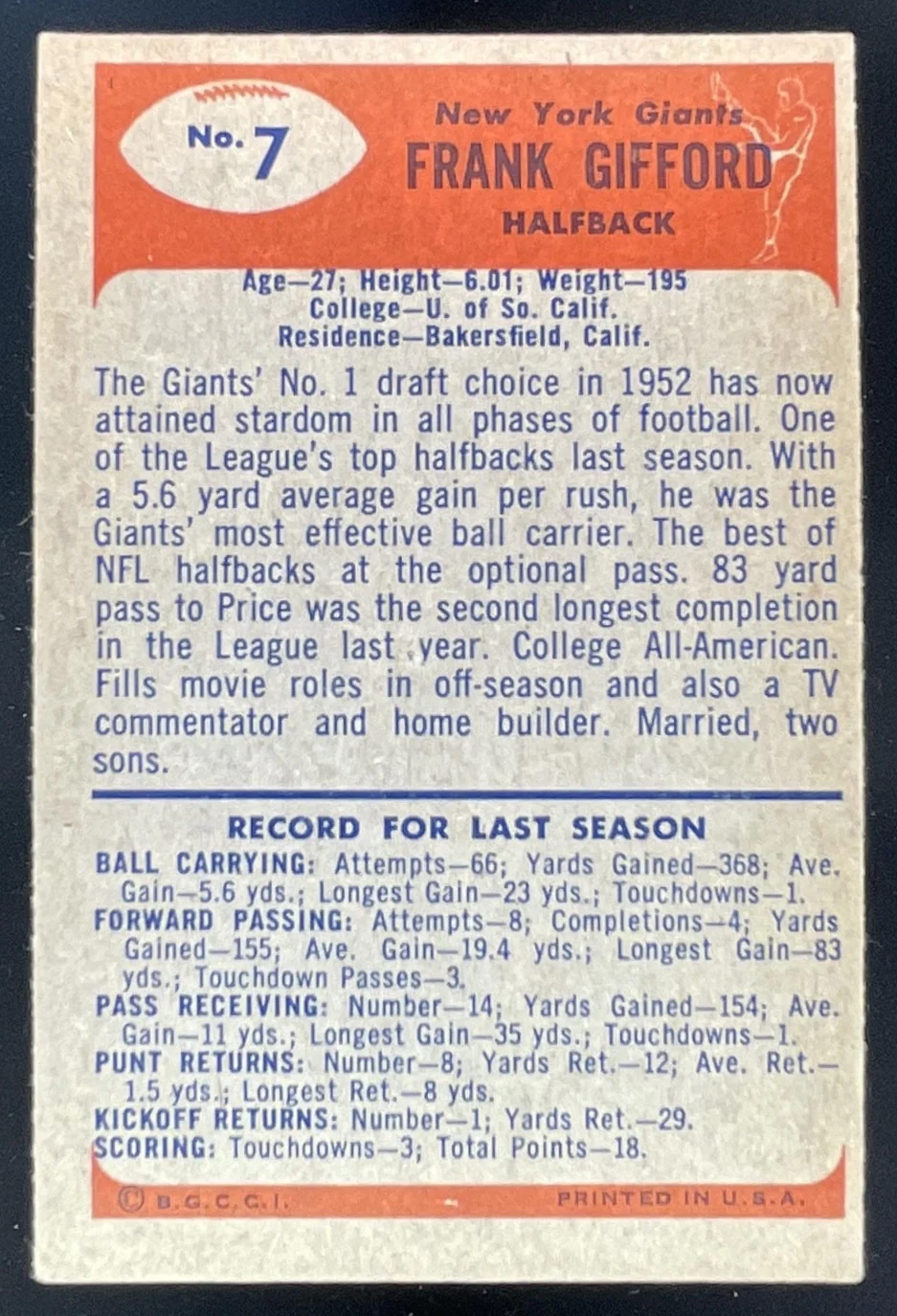 1955 Bowman #7 Frank Gifford - Image 2