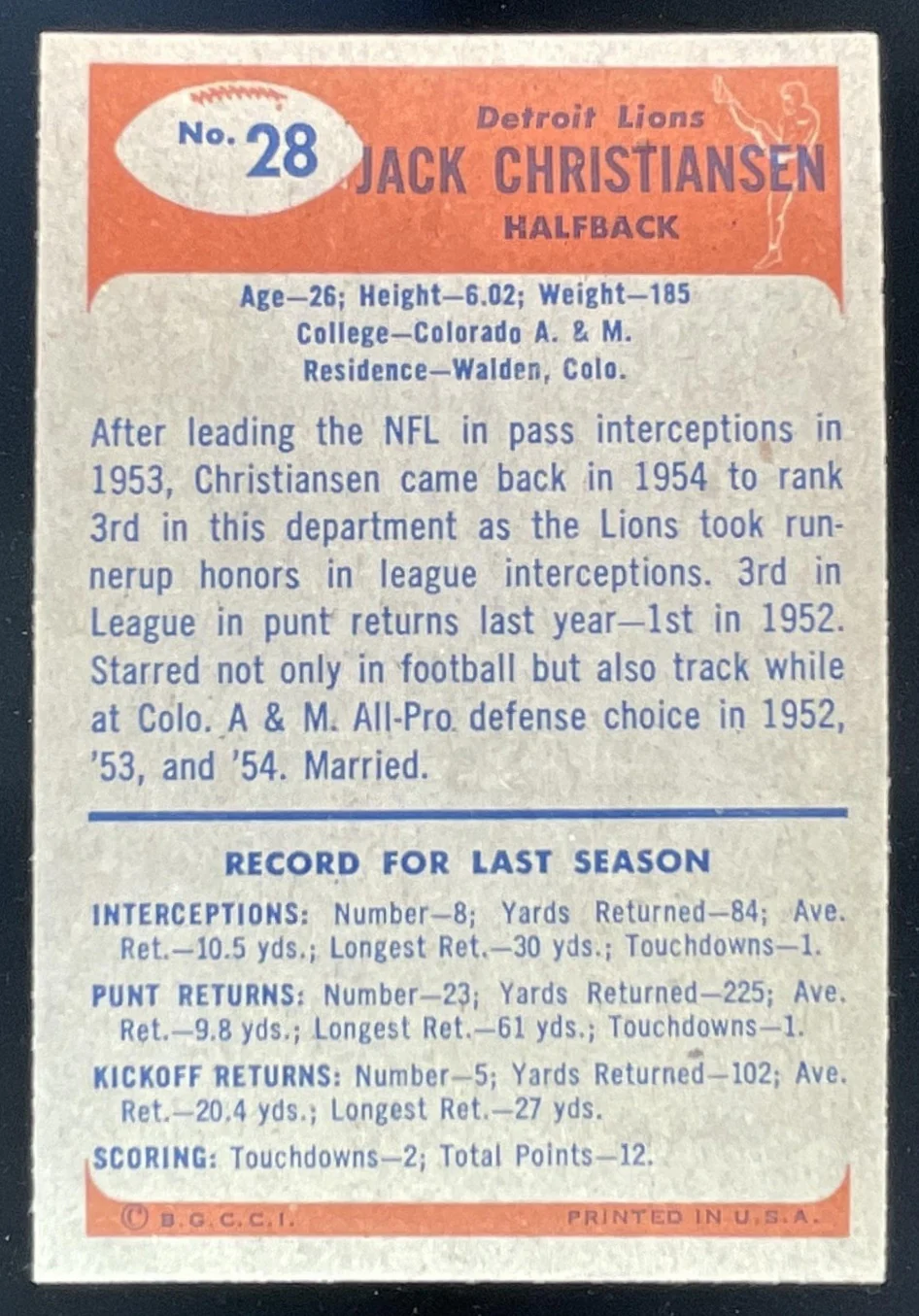 1955 Bowman #28 Jack Christiansen - Image 2