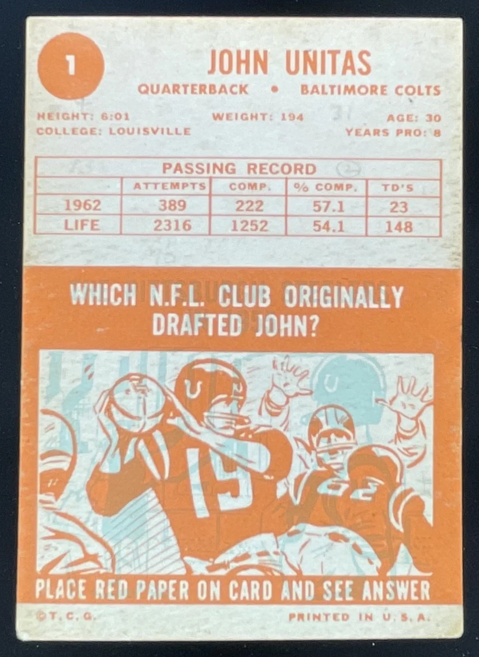 1963 Topps #1 John Unitas - Image 2