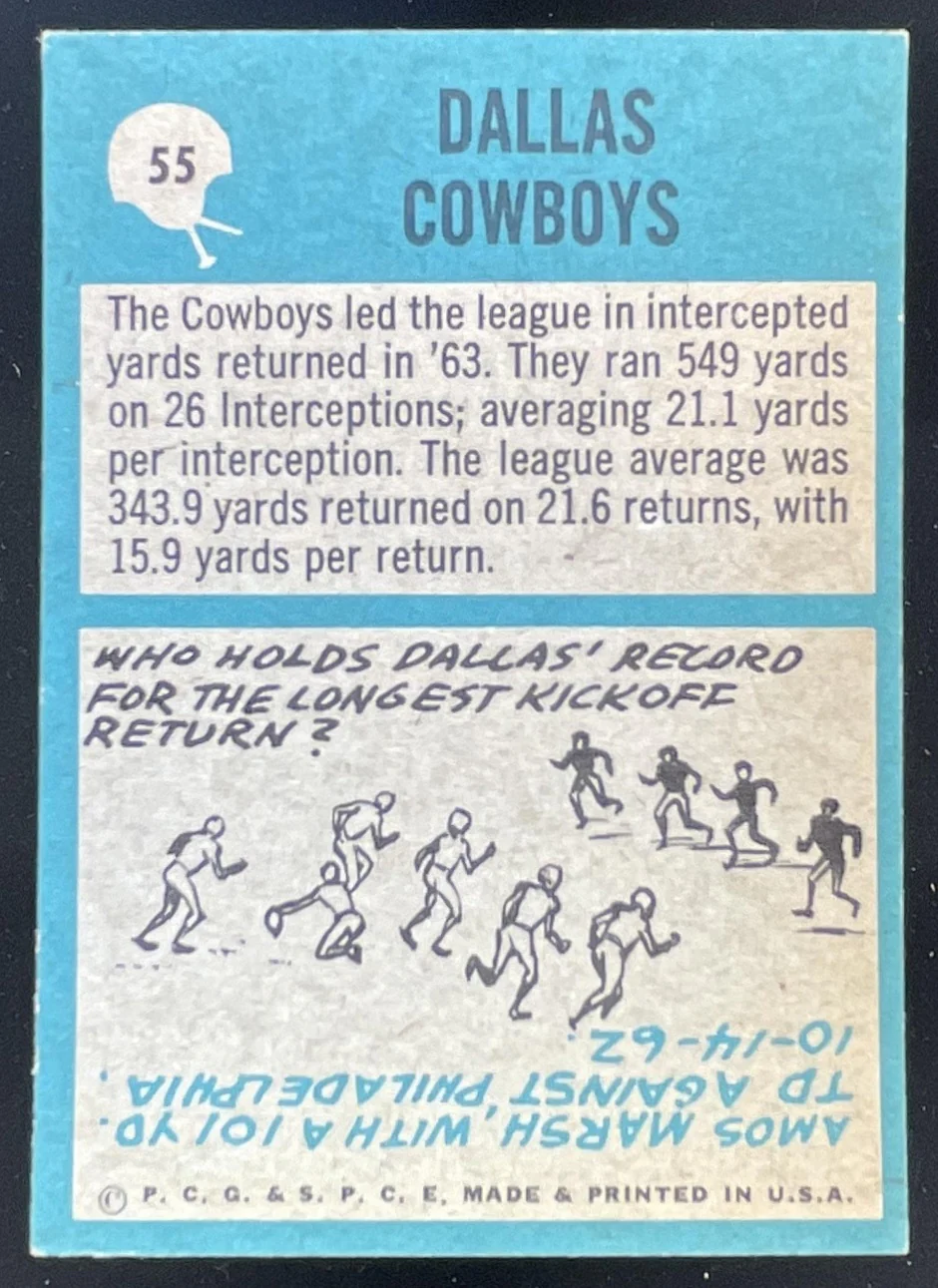 1964 Philadelphia #55 Dallas Cowboys - Image 2