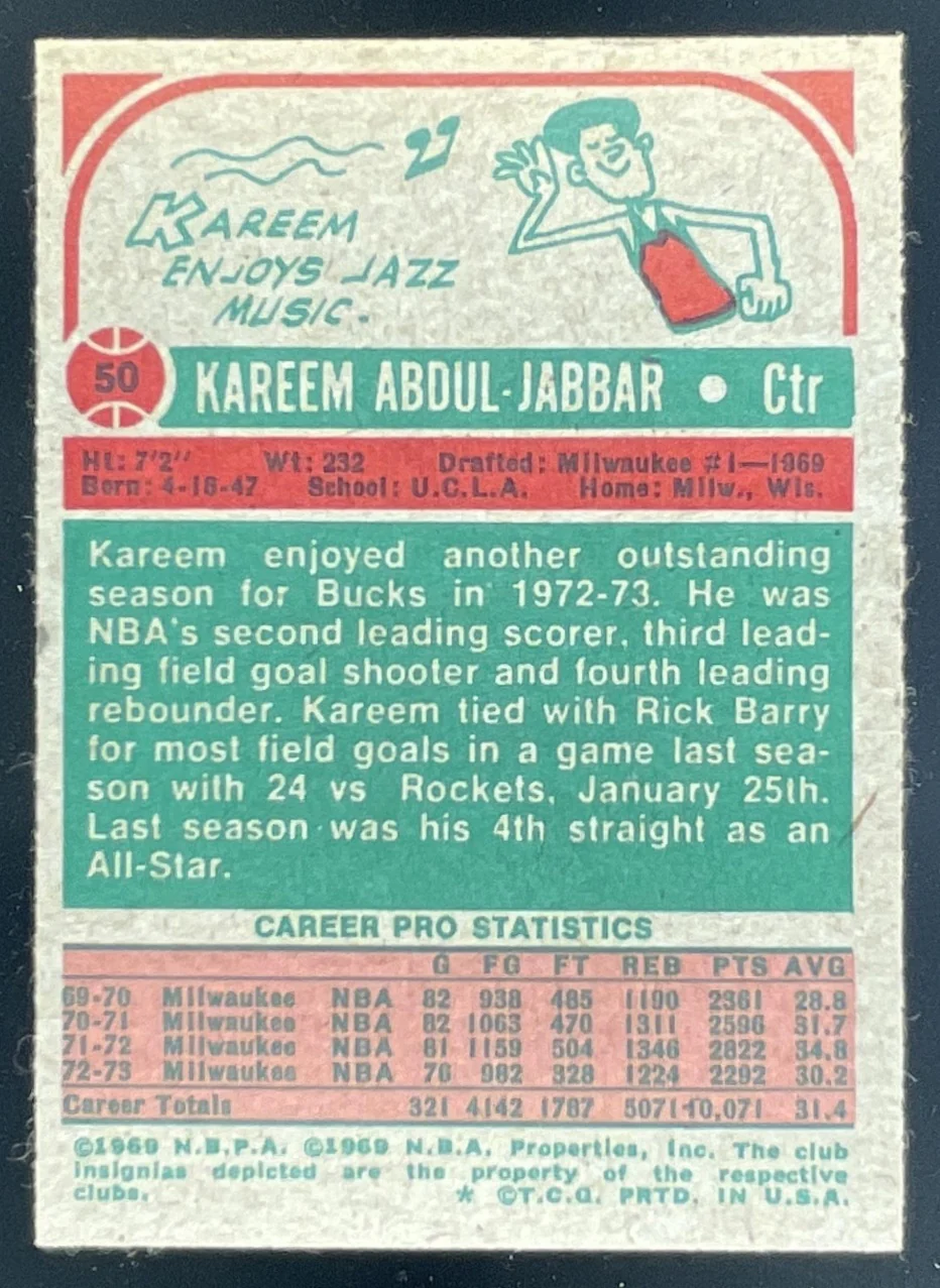 1973-74 Topps #50 Kareem Abdul-Jabbar All-Star - Image 2