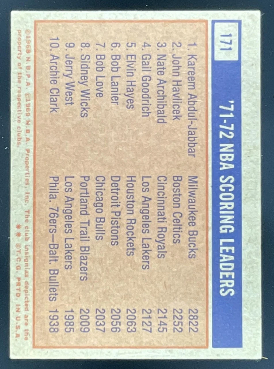 1972 Topps #171 Kareem Abdul-Jabbar John Havlicek Nate Archibald League Leaders - Image 2