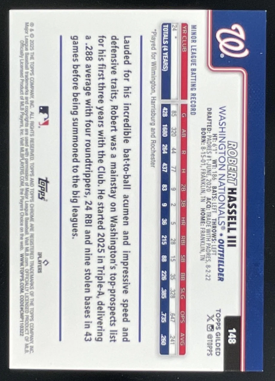 2025 Topps Gilded Chrome Gold Gold Mini-Diamond #148 Robert Hassell III RC /50 - Image 2