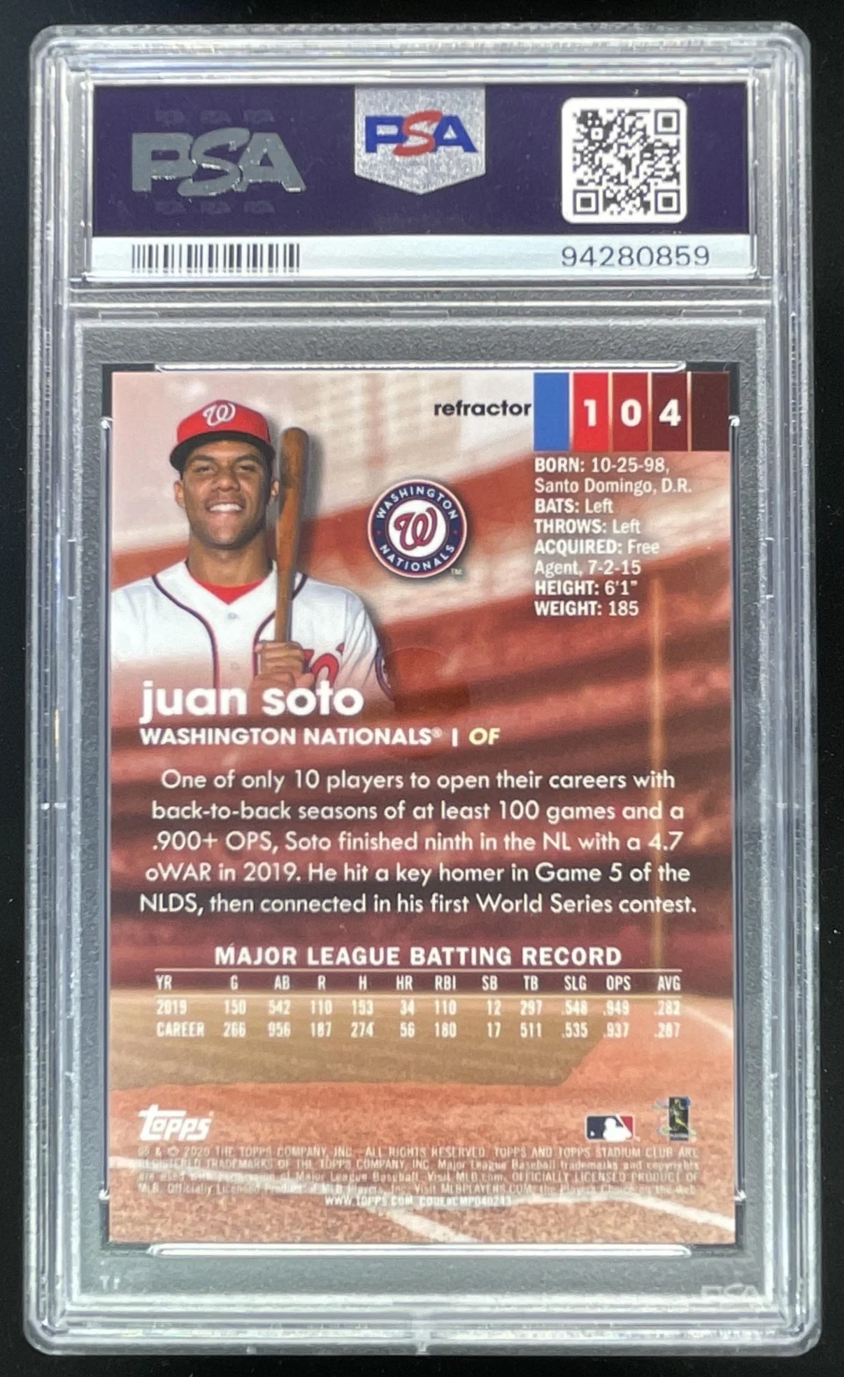 2020 Topps Stadium Club Chrome Refractor #104 Juan Soto PSA 10 - Image 2