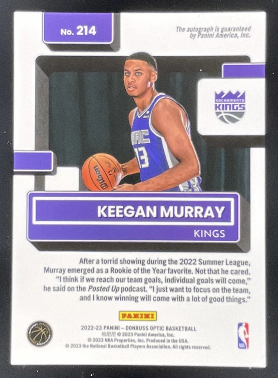 2022-23 Panini Donruss Optic Rated Rookies Signatures #214 Keegan Murray RC Auto - Image 2