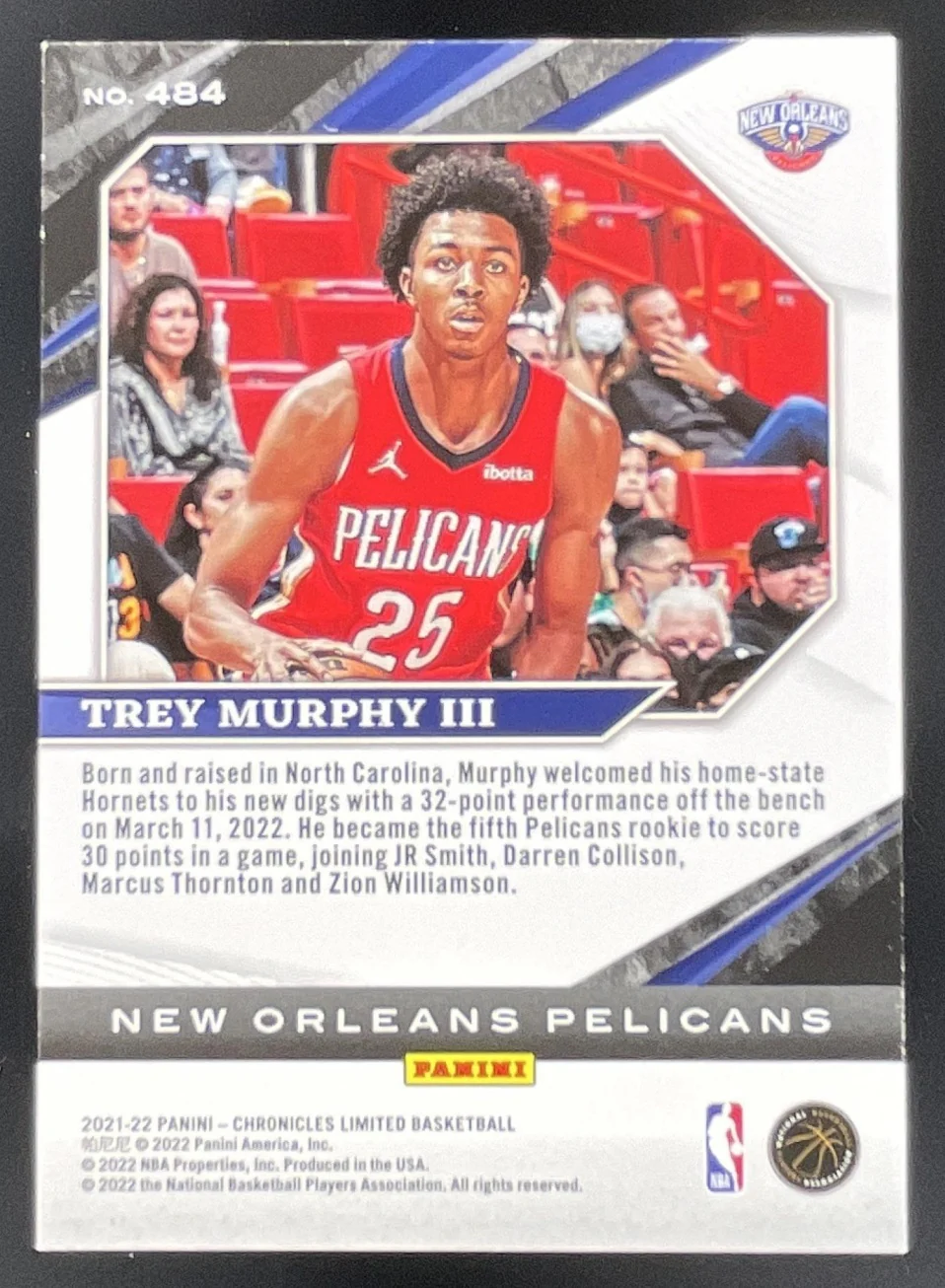 2021-22 Panini Chronicles Purple #484 Trey Murphy III RC Limited /25 - Image 2