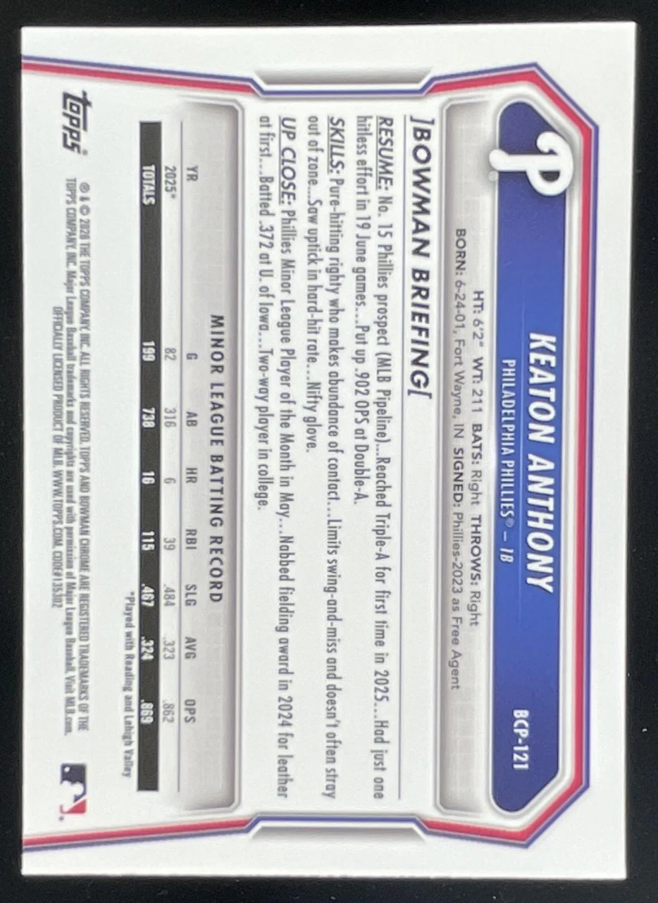 2026 Bowman Chrome Green Shimmer Refractor #BCP-121 Keaton Anthony RC /99 - Image 2