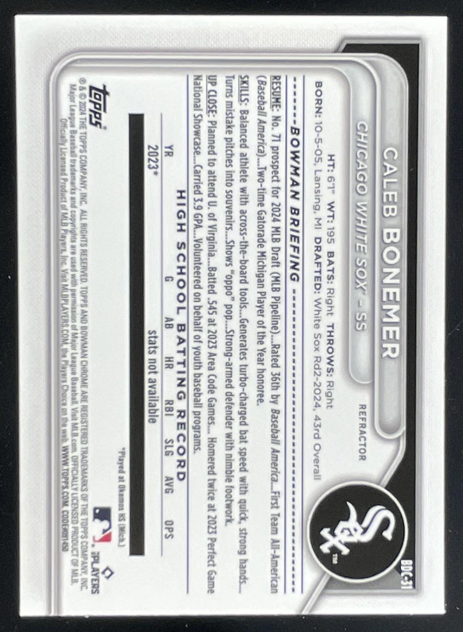 2024 Bowman Draft Chrome Refractor #BDC-31 Caleb Bonemer RC - Image 2