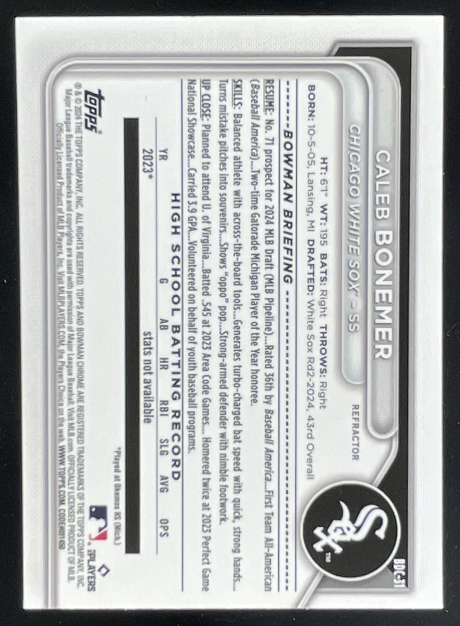 2024 Bowman Draft Chrome Refractor #BDC-31 Caleb Bonemer RC - Image 2