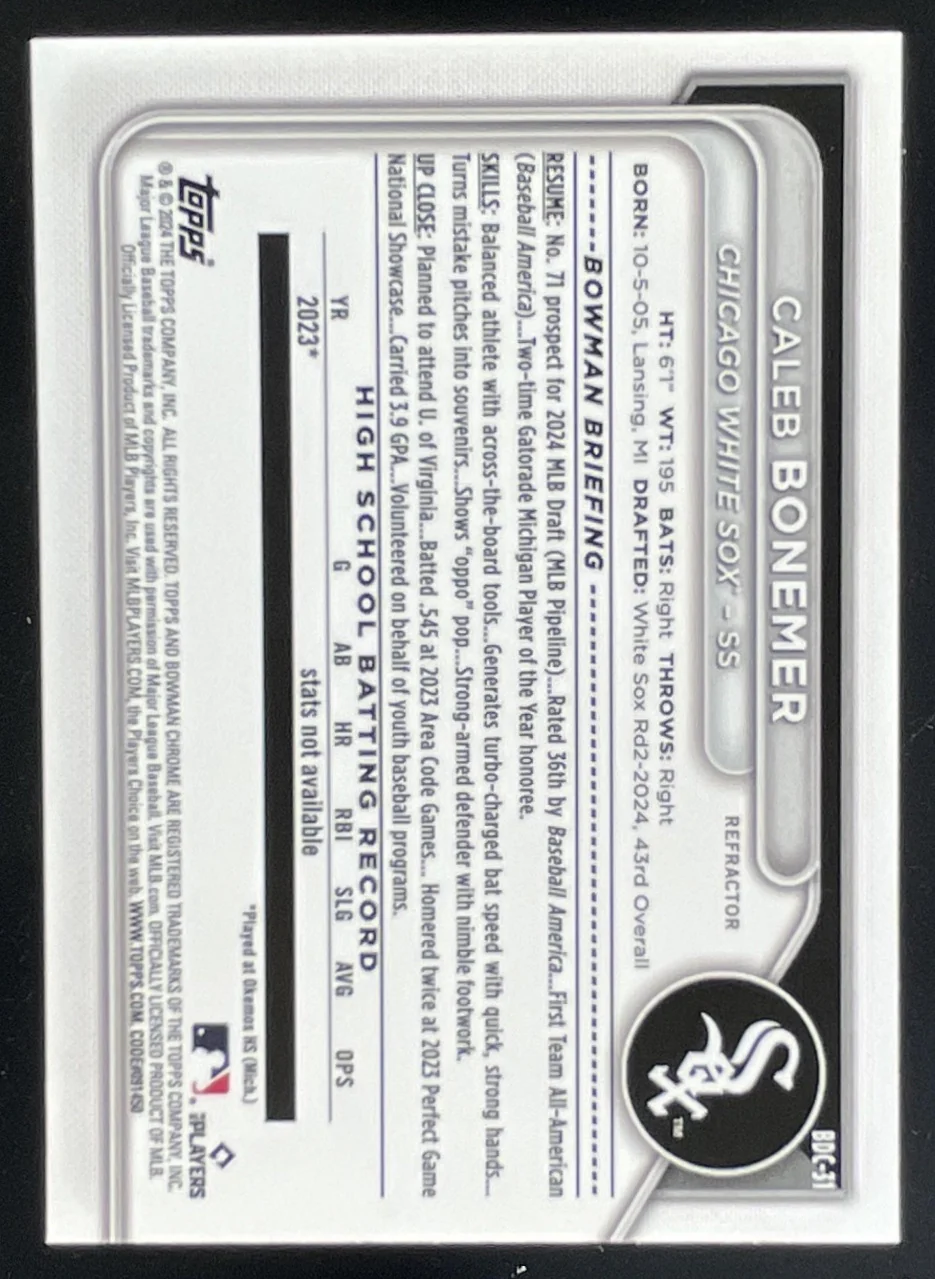 2024 Bowman Draft Chrome Refractor #BDC-31 Caleb Bonemer RC - Image 2