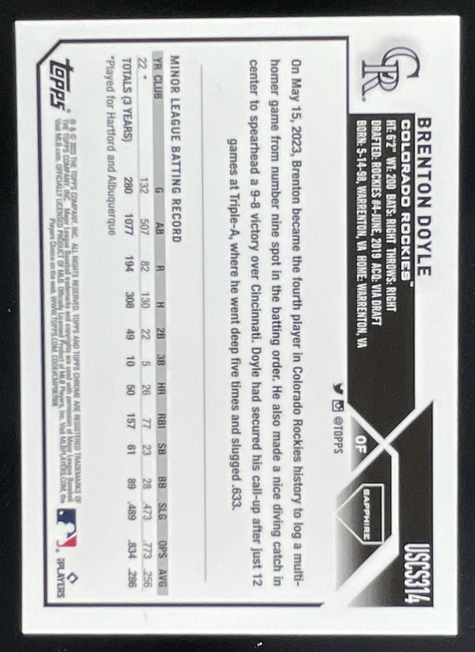 2023 Topps Chrome Update Sapphire Chrome #USCS314 Brenton Doyle RC - Image 2