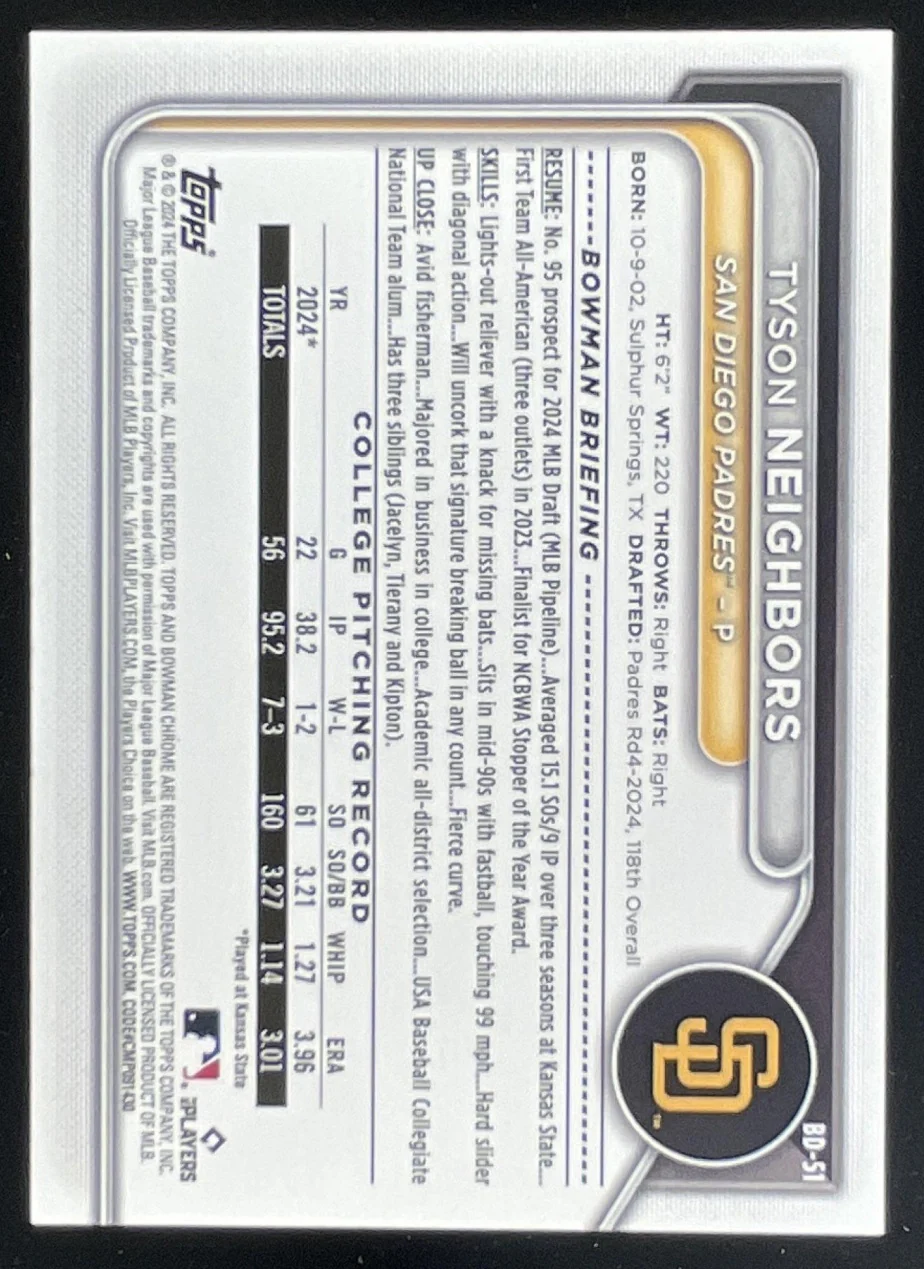 2024 Bowman Draft Orange #BD-51 Tyson Neighbors RC /25 - Image 2