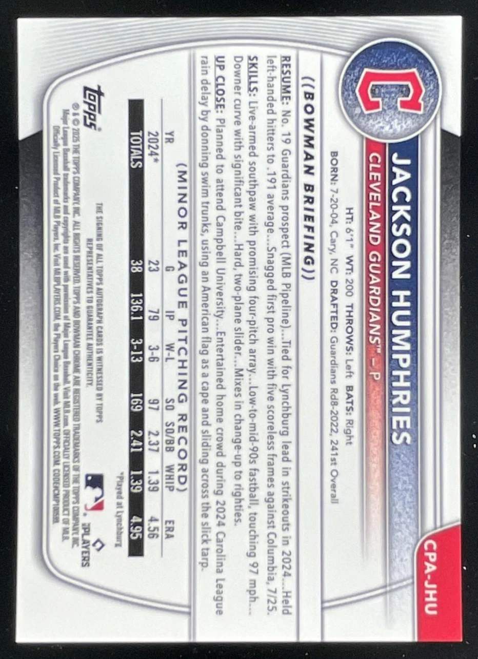 2025 Bowman Chrome Prospect Speckle #CPA-JHU Jackson Humphries RC Auto /299 - Image 2