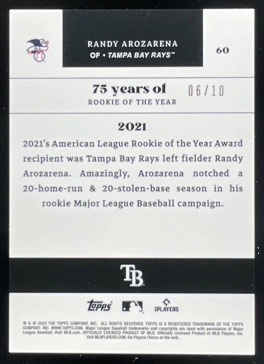 2022 Topps MLB Rookie of the Year 75th Anniversary Ruby #60 Randy Arozarena /10 - Image 2