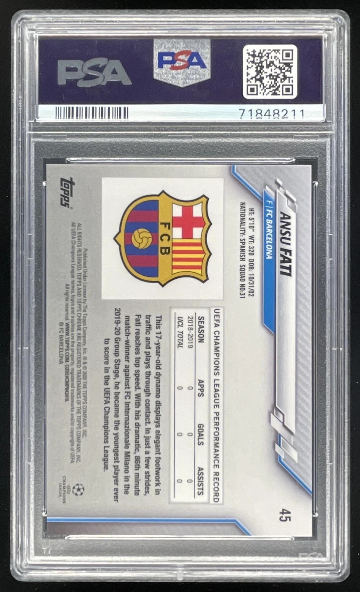 2019 Topps Chrome Sapphire UEFA Champions League #45 Ansu Fati PSA 10 - Image 2