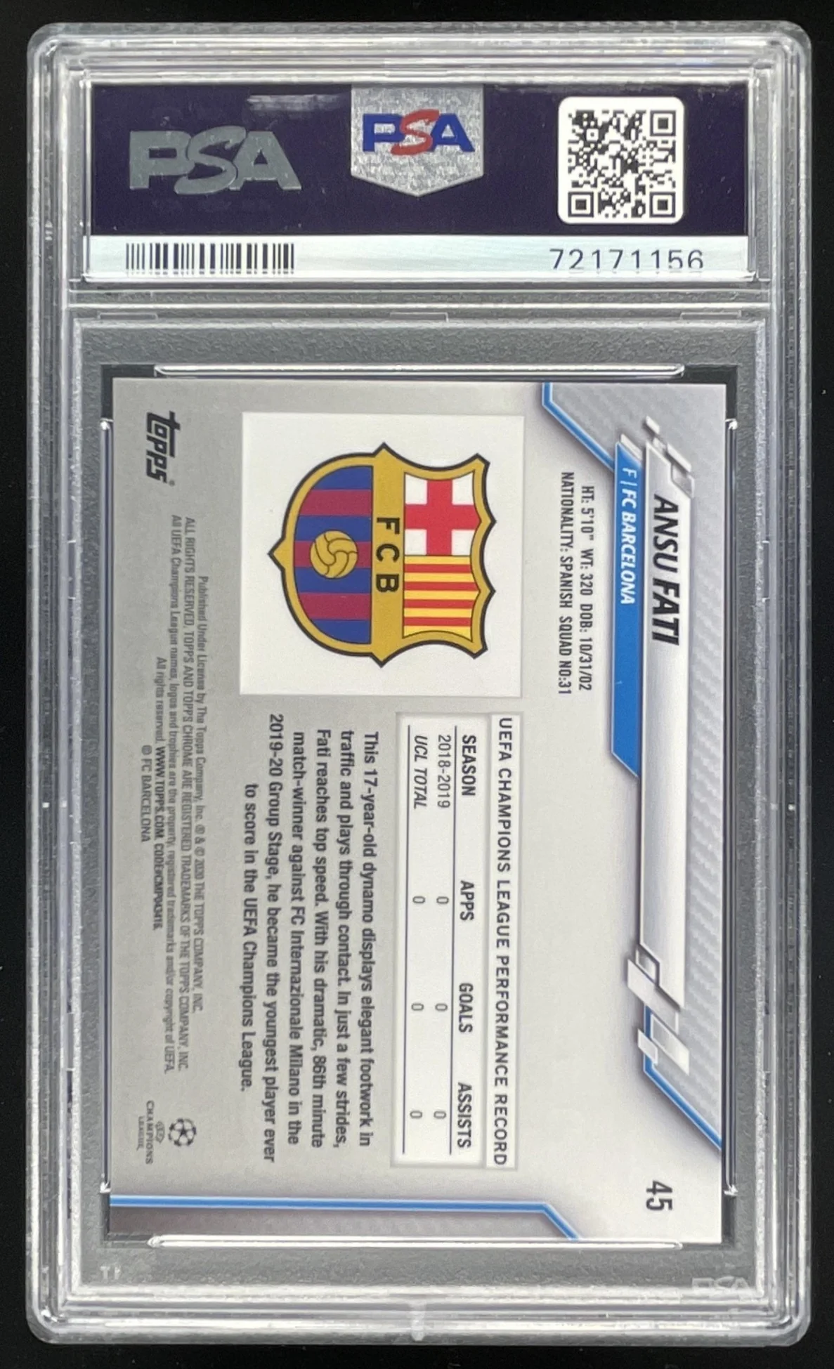 2019 Topps Chrome Sapphire UEFA Champions League #45 Ansu Fati PSA 10 - Image 2