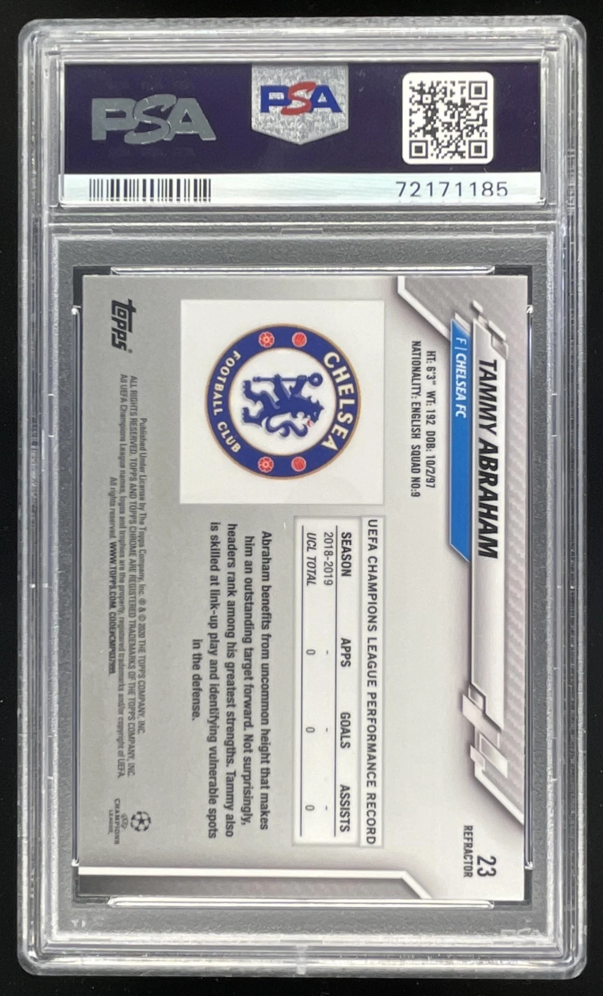 2019 Topps Chrome UEFA Champions League Refractor #23 Tammy Abraham PSA 10 - Image 2