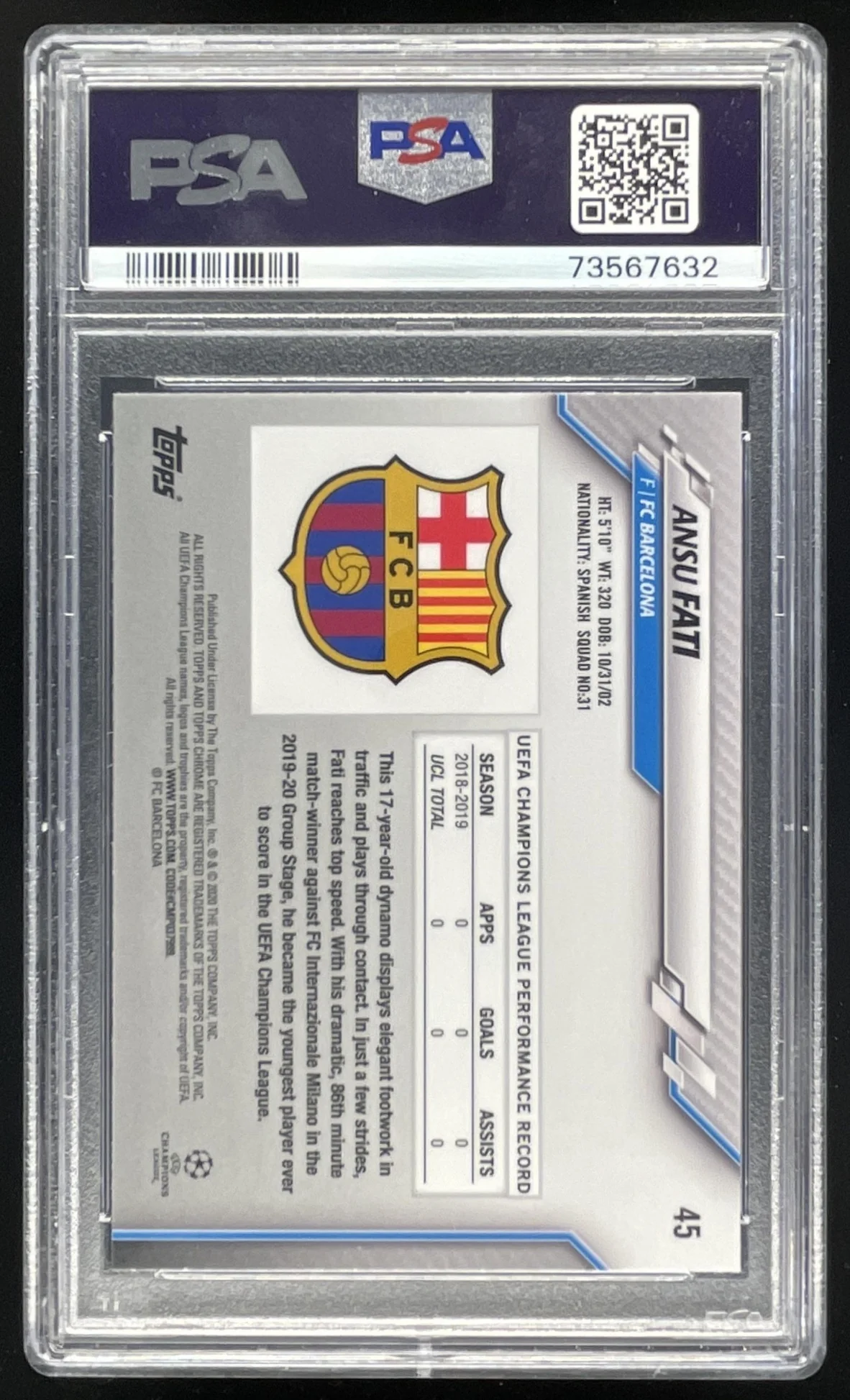 2019 Topps Chrome UEFA Champions League #45 Ansu Fati RC PSA 10 - Image 2