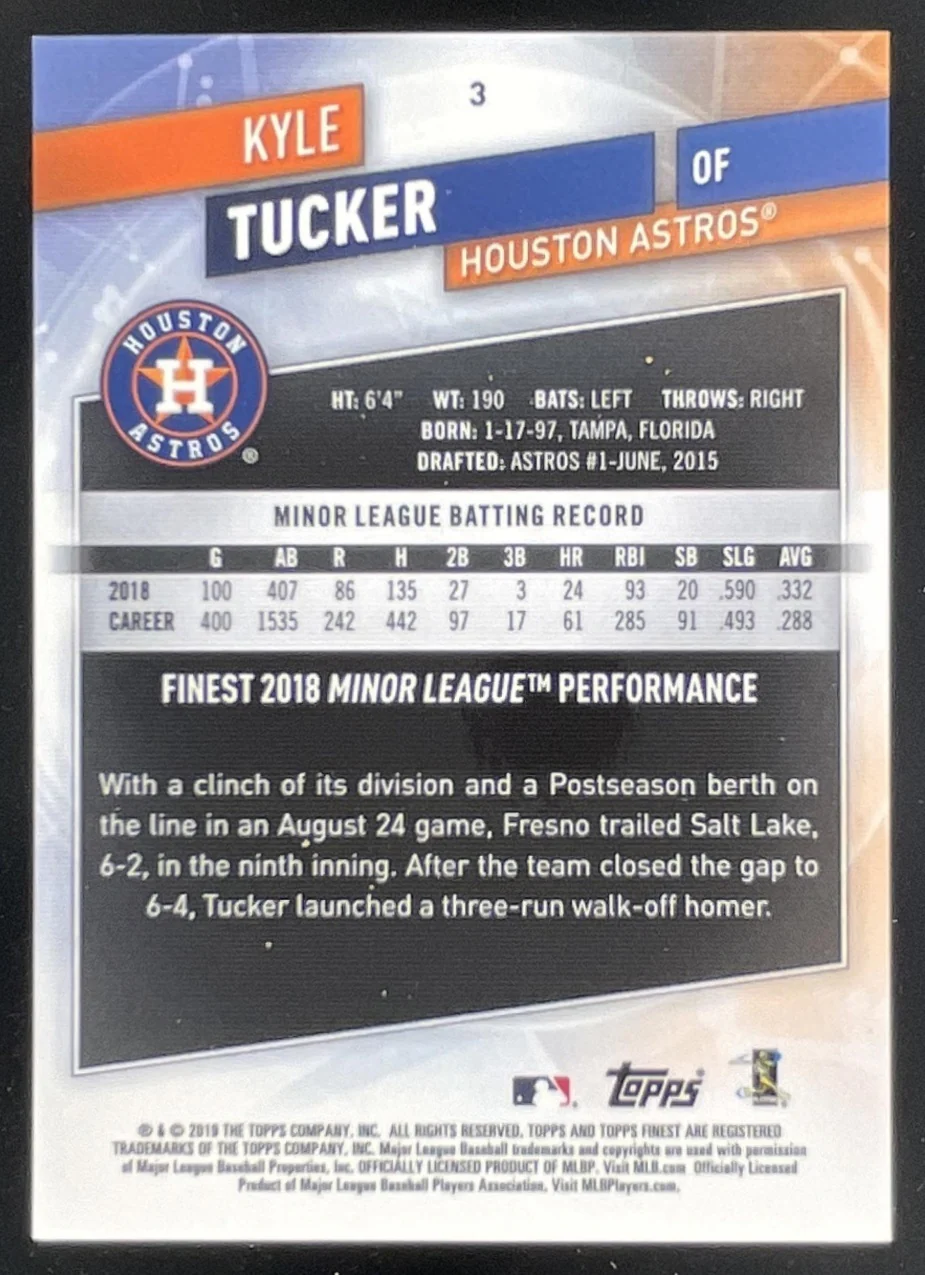 2019 Topps Finest Purple Refractor #3 Kyle Tucker RC /250 - Image 2