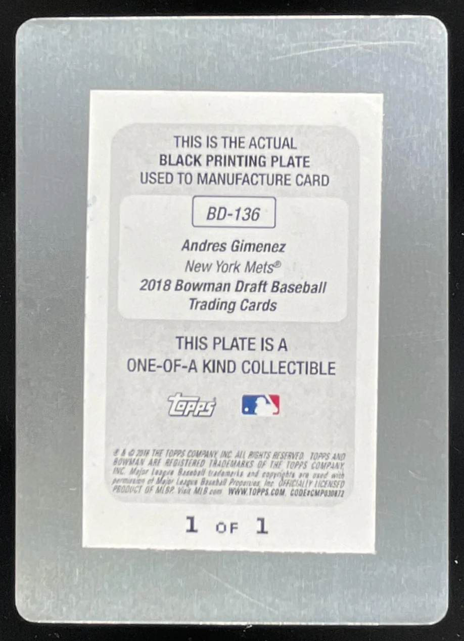 2018 Bowman Draft Printing Plates Black #BD-136 Andres Gimenez 1/1 - Image 2