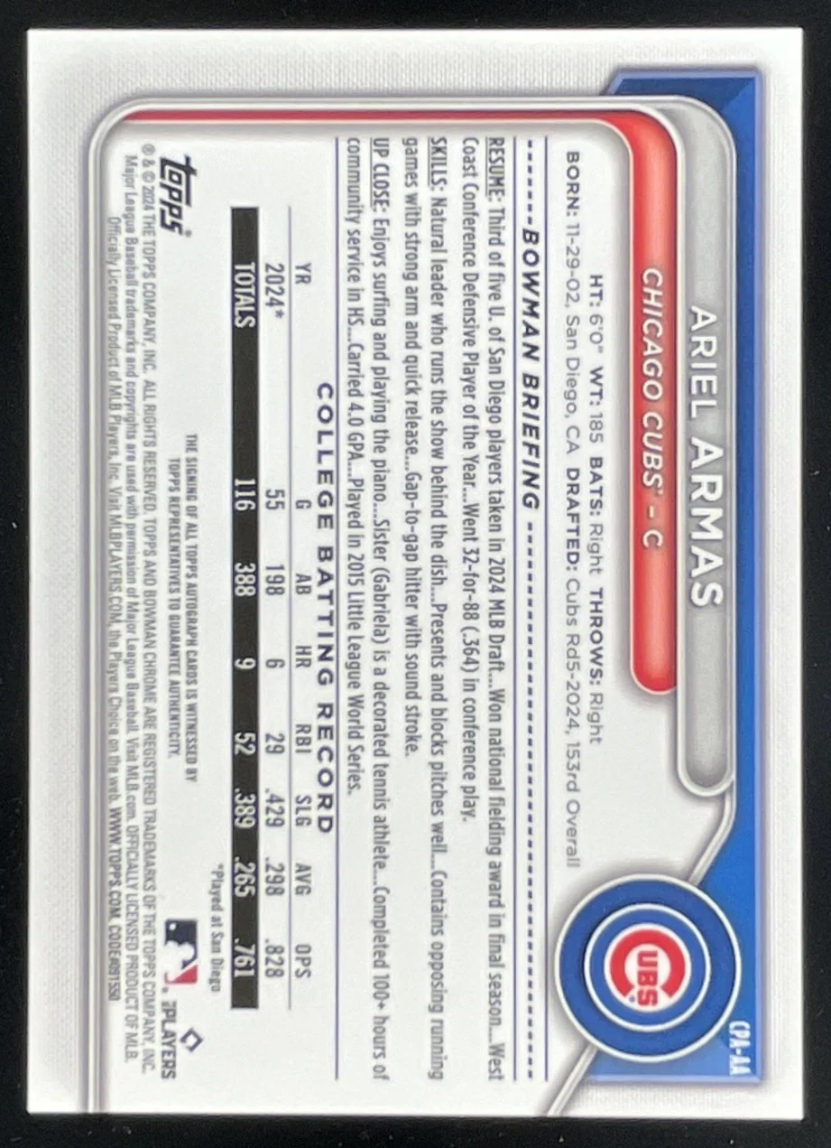 2024 Bowman Draft Chrome Prospect Sparkles #CPA-AA Ariel Armas RC Auto /71 - Image 2